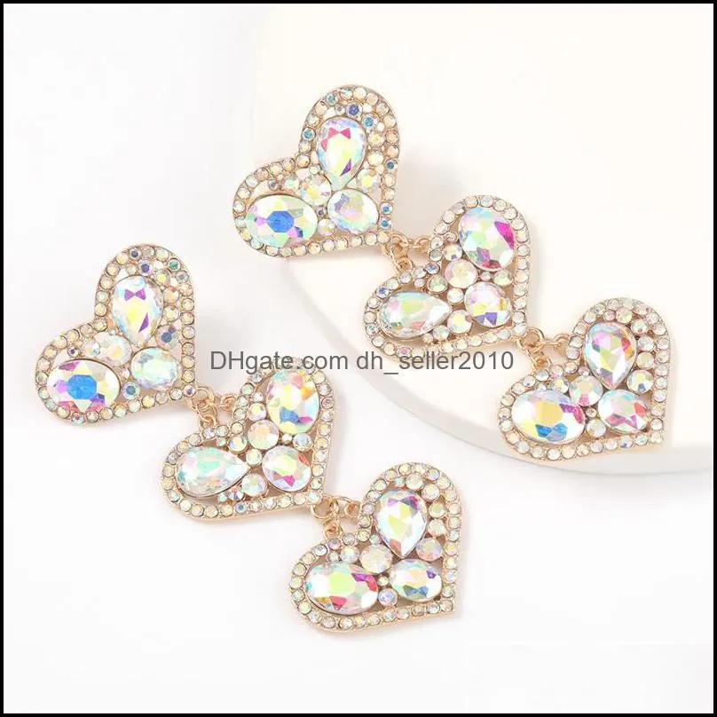 Bling Heart Drop Earrings Dangles Fashion Designer Colorful AB Rhinestone Iced Out Jewelry Classy Lady Big Statement Street Party Baroque