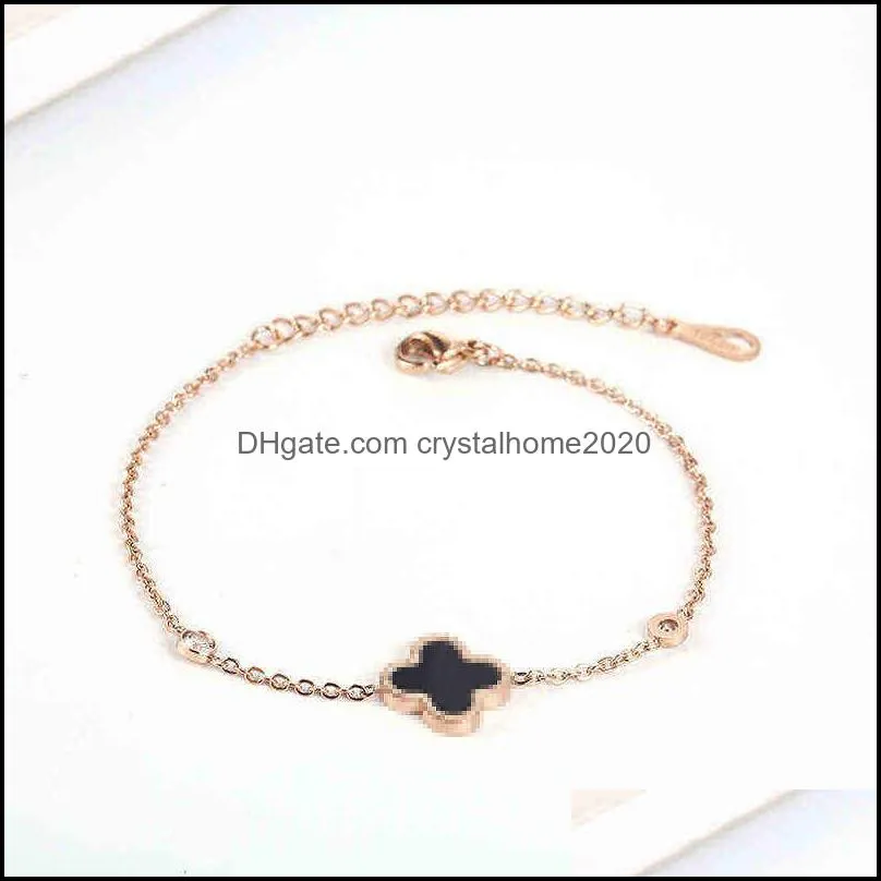 korean version of 18k rose gold four-leaf clover bracelet for girls black epoxy titanium steel jewelry