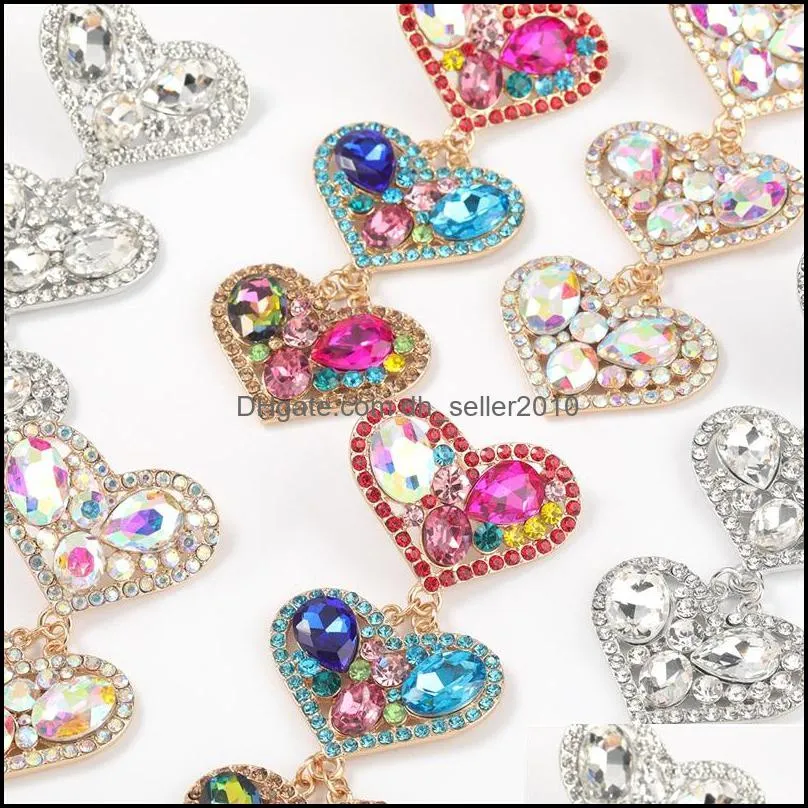 Bling Heart Drop Earrings Dangles Fashion Designer Colorful AB Rhinestone Iced Out Jewelry Classy Lady Big Statement Street Party Baroque