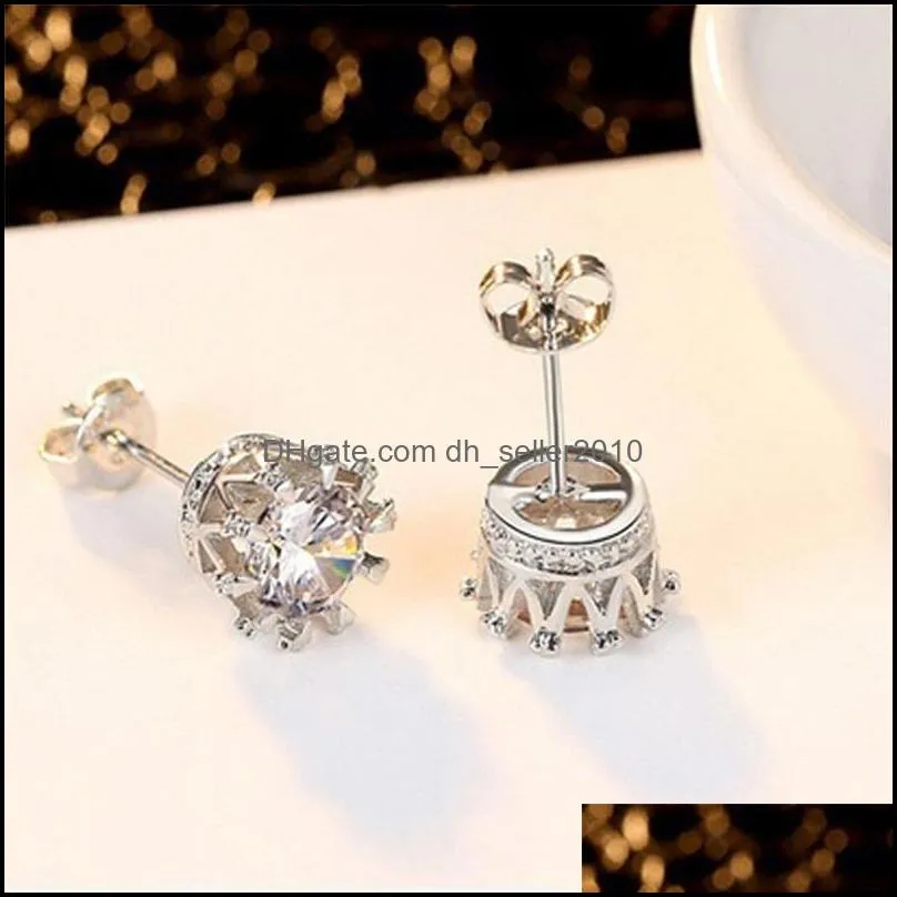 Women Korean Crown Stud Earrings Luxury Silver Gold clear Purple Blue Cubic zirconia CZ diamond Ear Rings For Girl Fashion Jewelry Bulk