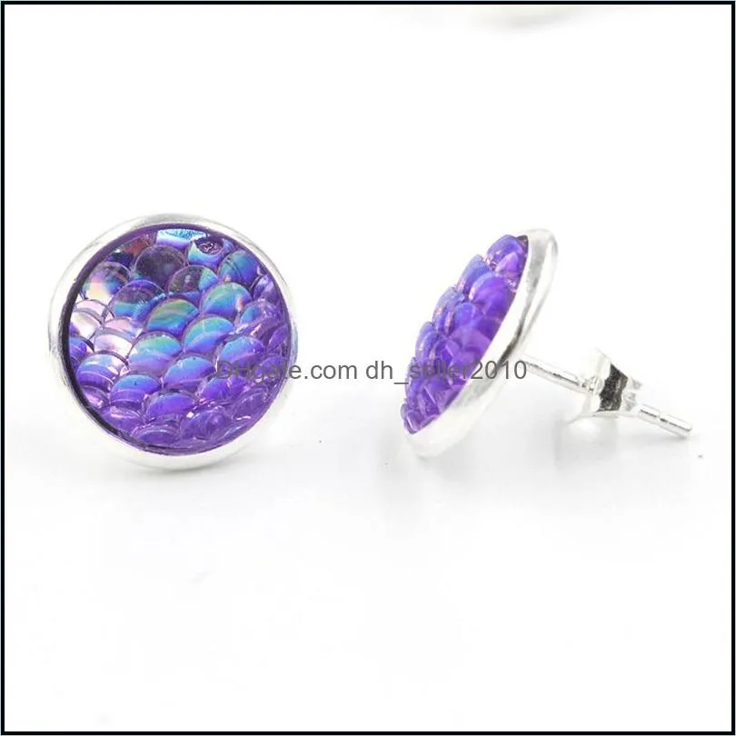 12mm Mermaid Resin Fish Scale Stud Earring Fishscale Earrings Round & Heart Shaped Silver Plated C3
