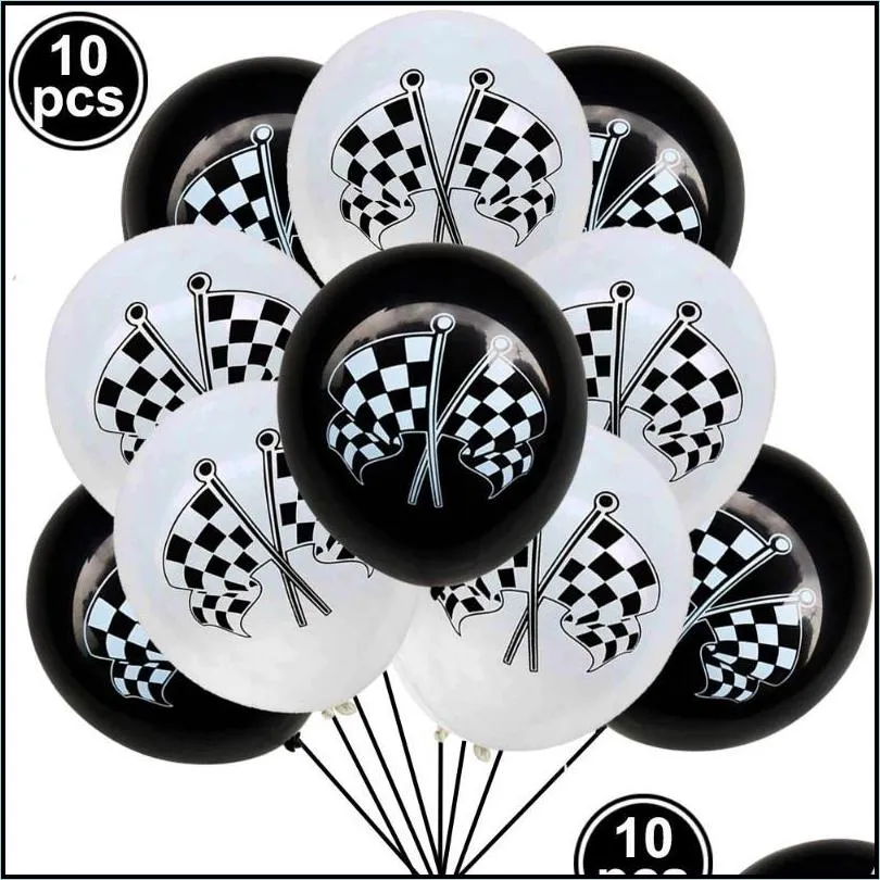 racing birthday formula car black and white checkered flag happy banner confetti balloon