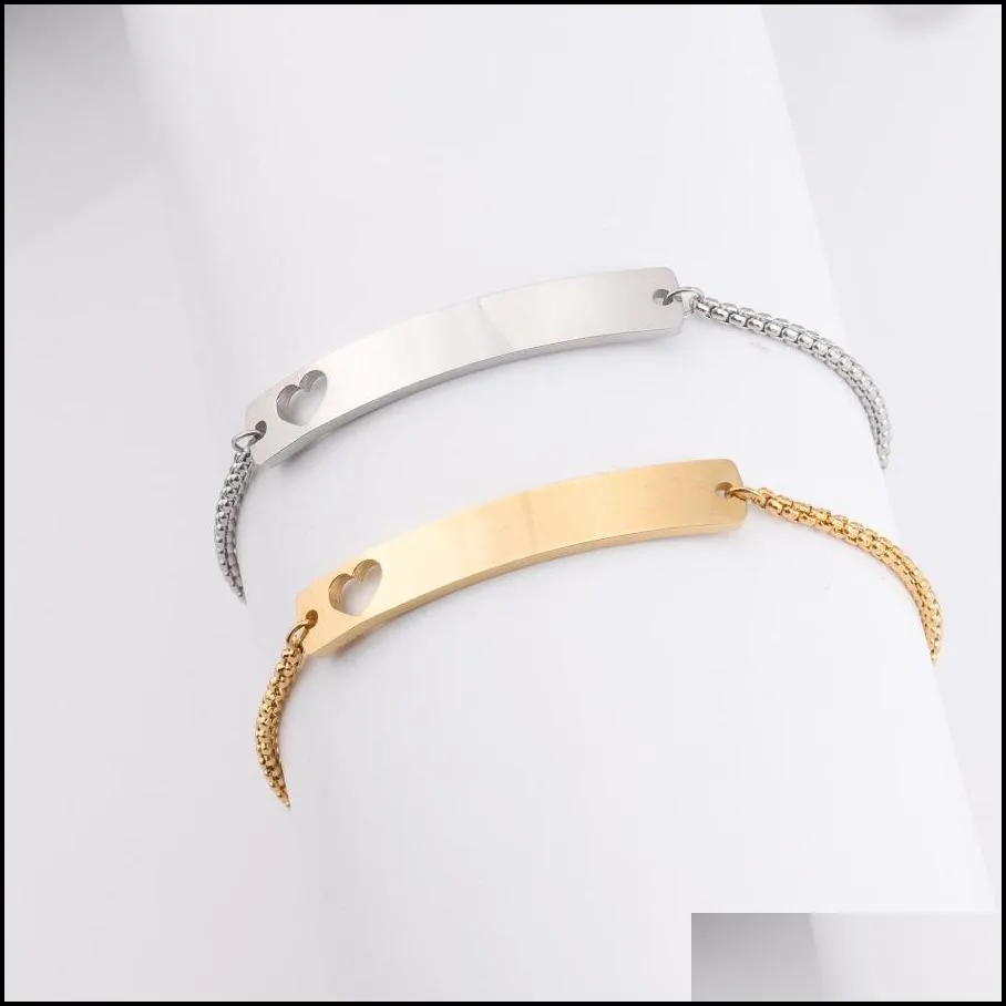 trendy love heart stainless steel bracelet can custom by yourself gold silver charm bracelets blank bar bracelet for women jewelry
