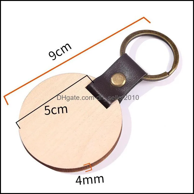 Wooden Personalize Keychains blanks for engraving Handmade leather keychain Round Rectangle Wood Luggage Decoration Key Ring 92 D3