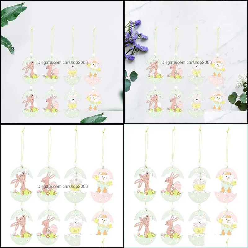 8Pcs Happy Easter Wooden Egg Pendant Craft DIY Hanging Ornament Mini Clips