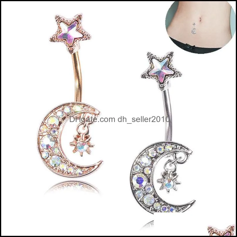 see pic 1pc Sexy Star Moon Navel Belly Button Rings Piercing Crystal Steel Woman Body Jewelry Barbell Women Accessories C3