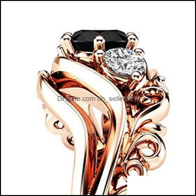 Huitan Witch Ring Unique Black Stone Prong Setting Twist Band Design Rose Gold Color Women Engagement Finger Rings Wholesale C3