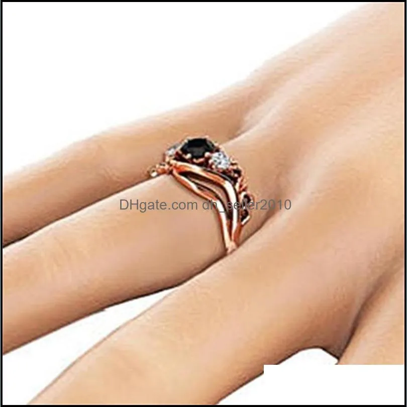 Huitan Witch Ring Unique Black Stone Prong Setting Twist Band Design Rose Gold Color Women Engagement Finger Rings Wholesale C3