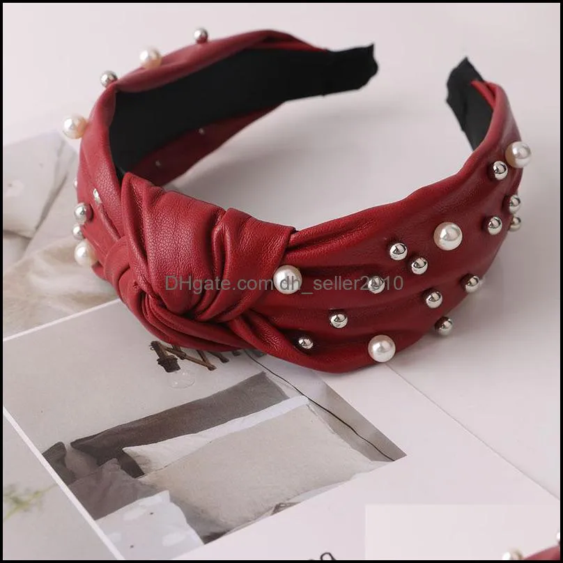 Wind ins pearl hair band female knotted wide side PU leather headband all-match pleated headdress C3