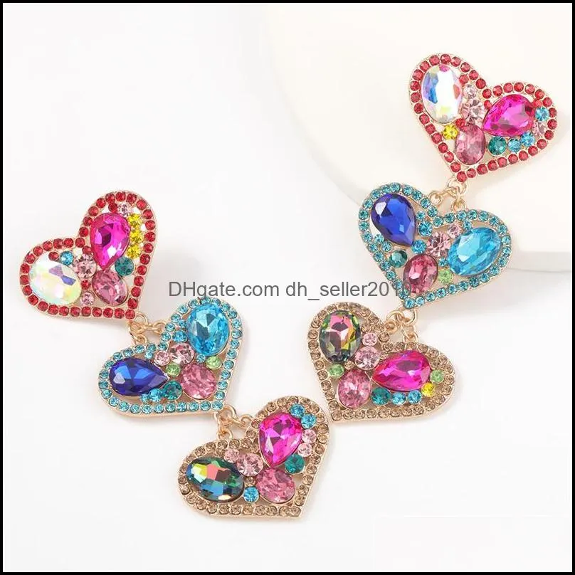 Bling Heart Drop Earrings Dangles Fashion Designer Colorful AB Rhinestone Iced Out Jewelry Classy Lady Big Statement Street Party Baroque