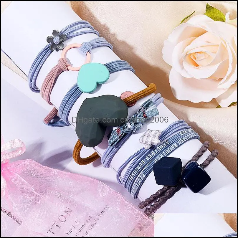 8pcs/set Women Girls Hair Rubber Bands Ponytail Holder Elastic Resin Heart Star Bow Cube Charm Fashion Hair Rope with Storage Yarn Bag