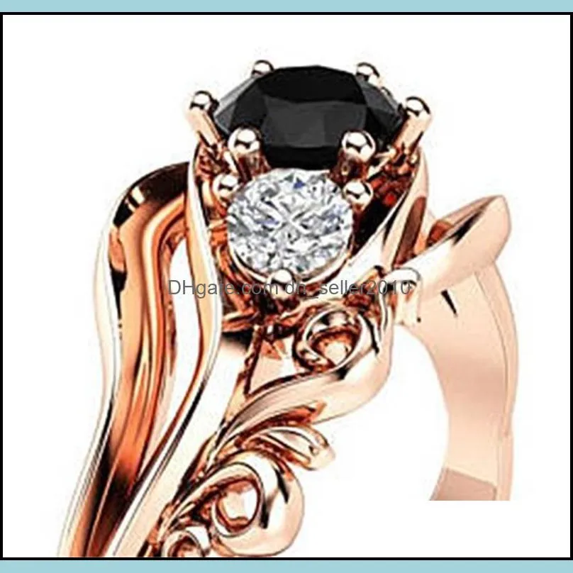 Huitan Witch Ring Unique Black Stone Prong Setting Twist Band Design Rose Gold Color Women Engagement Finger Rings Wholesale C3