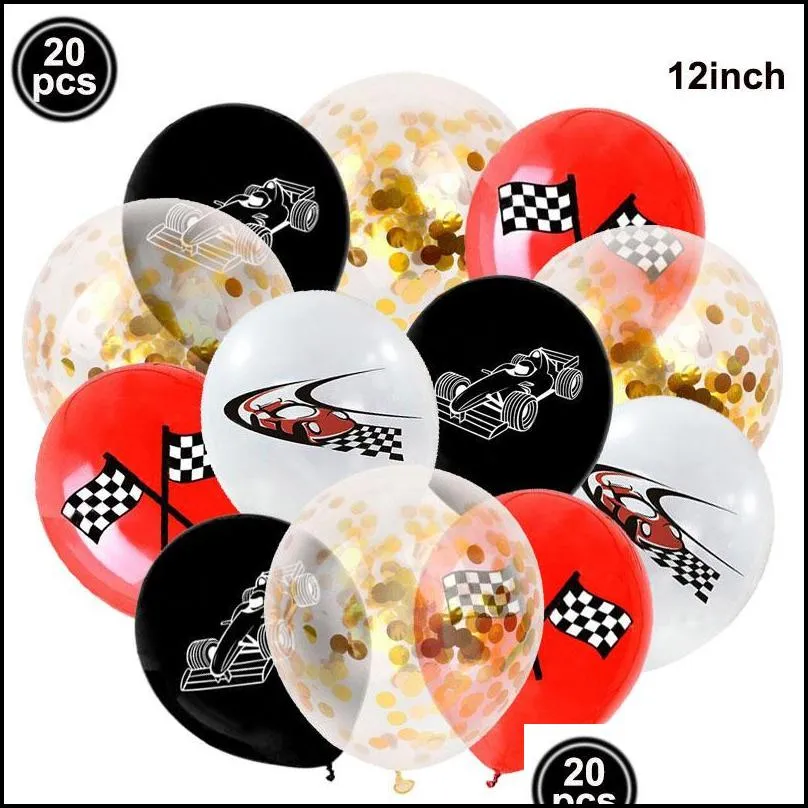 racing birthday formula car black and white checkered flag happy banner confetti balloon