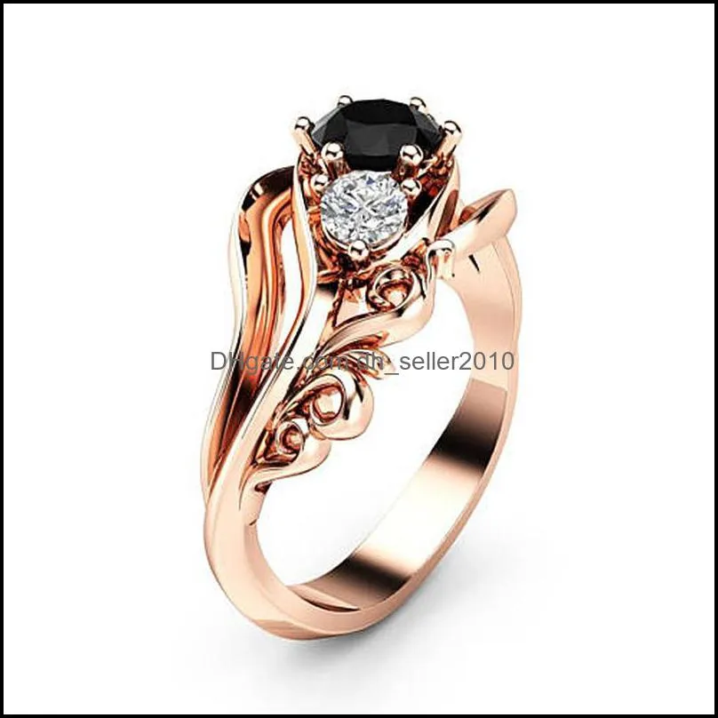 Huitan Witch Ring Unique Black Stone Prong Setting Twist Band Design Rose Gold Color Women Engagement Finger Rings Wholesale C3