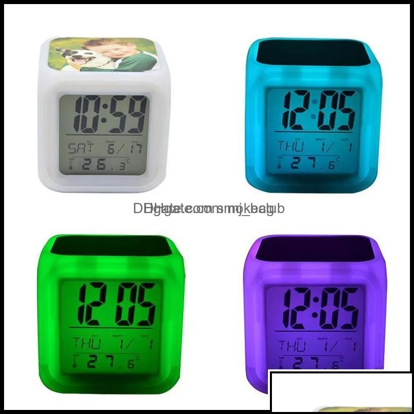 Desk & Table Clocks Home Décor Garden Heat Transfer Seven Colours Blank Sublimation Alarm Clock Led Square Bedroom Glow Electronics By Sea