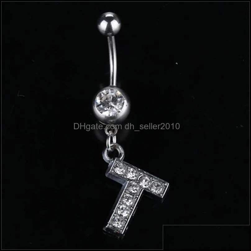 26 letter A to M style Charming Body Piercing Crystal Rhinestone Inlaid Navel Belly Button Ring stainless steel jewelry C3