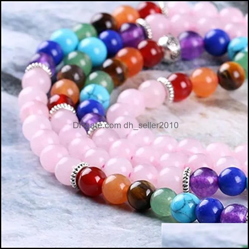 Meditation Multi-layer Long Strands Bracelets 7 Chakra Yoga Natural Round Amethyst Mala Beads Life Tree Tassel Jewelry
