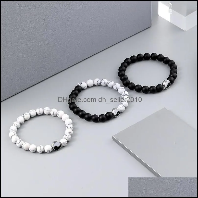 Yin Yang Beaded Bracelets Strands For Men Lucky Couple Bracelet Women Black White Onyx Stone Beads Pulsera Bangle Jewelry C3