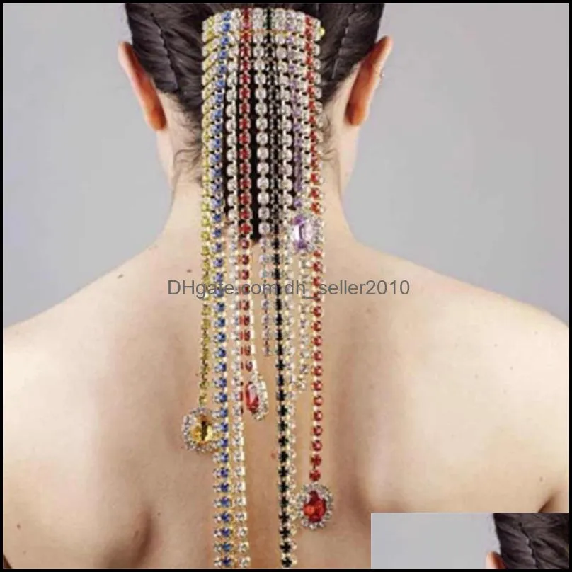 Luxury Rhinesotne Ponytail Long Tassel Hair Jewelry Accessories Headwear for Women Bling Crystal Hair Comb Pin Head Chain C3