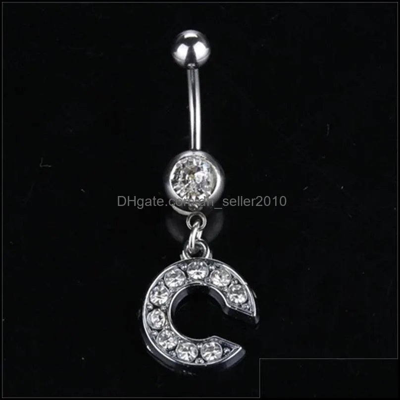 26 letter A to M style Charming Body Piercing Crystal Rhinestone Inlaid Navel Belly Button Ring stainless steel jewelry C3