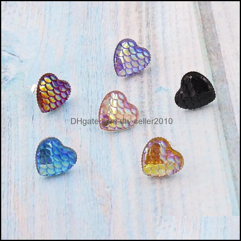 12mm Mermaid Resin Fish Scale Stud Earring Fishscale Earrings Round & Heart Shaped Silver Plated C3