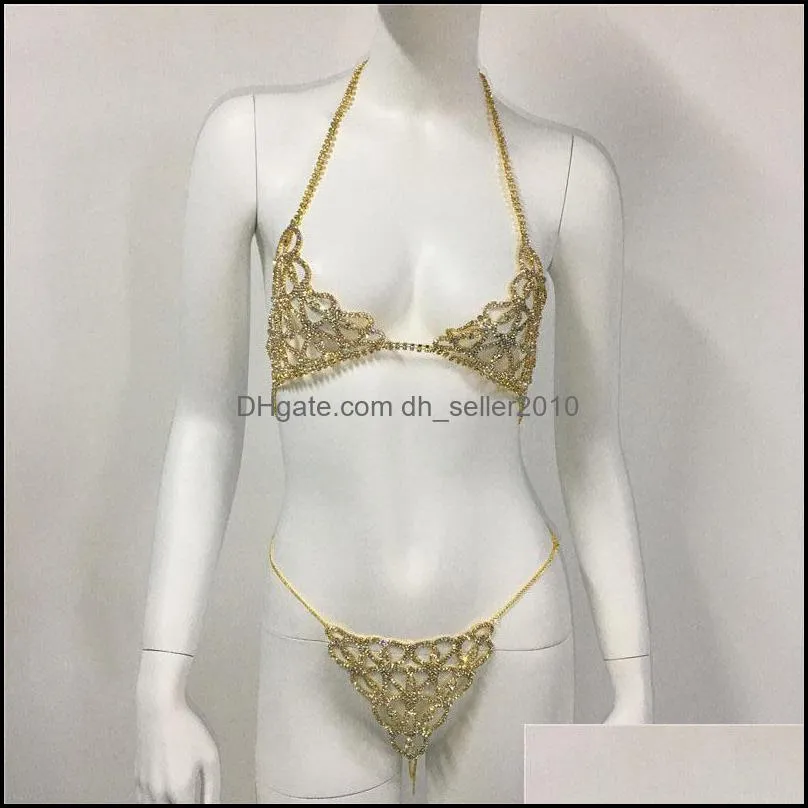 Crytal Bikini Body Belly Chain Harness for Women Sexy Lingerie Bling Rhinestone Bra and Thong Set Jewelry C3