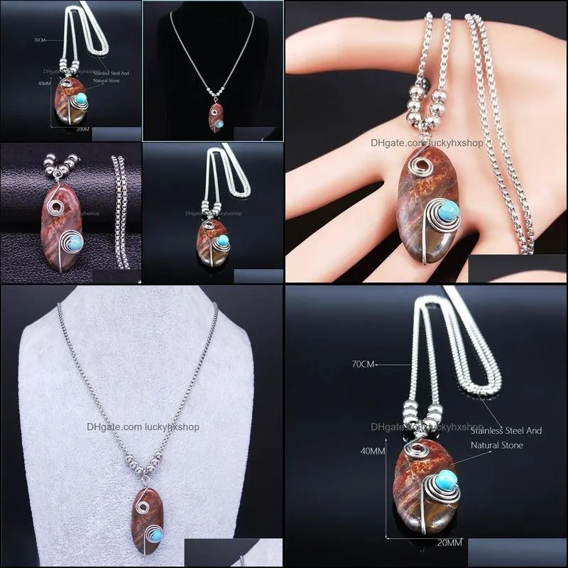 pendant necklaces 2021 red natural stone stainless steel bohemia for women silver color long necklace jewelry collares mujer nxs04