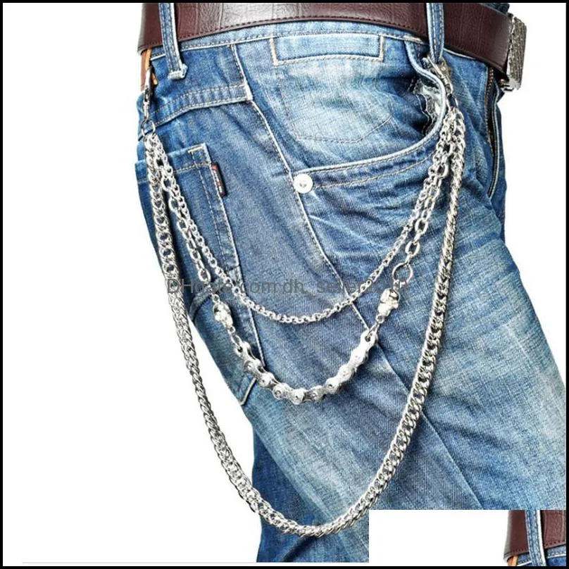 Layer Waist Punk Wallet Chain Silver Men`s Keychains Skull Biker Link Hook Trousers Pant Belt Chain Fashion Jewelry For Boys C3