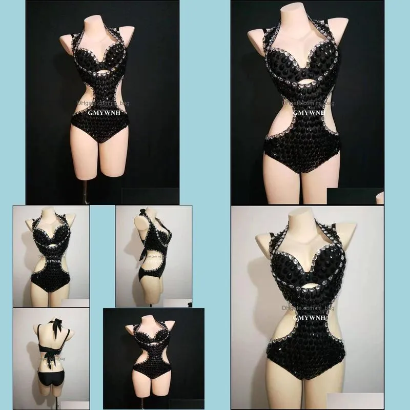Sexy Halter Backless Bodysuit Female Performance Stage Costumes Rhinestones One Piece Wear Outfits Dj Bar Dress
