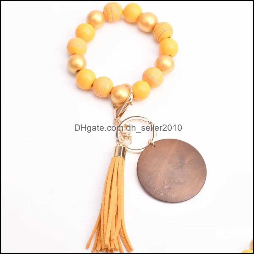 foreign trade beaded strands wood bead bracelet keychain blank disc tassel key ring pendant pure multicolor optional c3