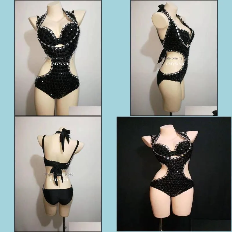 Sexy Halter Backless Bodysuit Female Performance Stage Costumes Rhinestones One Piece Wear Outfits Dj Bar Dress