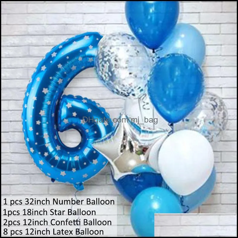 12pcs Blue Number Foil Latex Balloons Happy Birthday Kids My 1st 1 One Year First Boy Girl Supplies