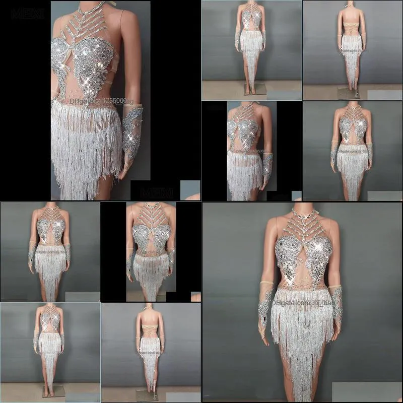 Sexy Lady White Rhinestone Tassel Evening Dress Bar Nightclub Singer DS Belly Dance Suit Stage Performance