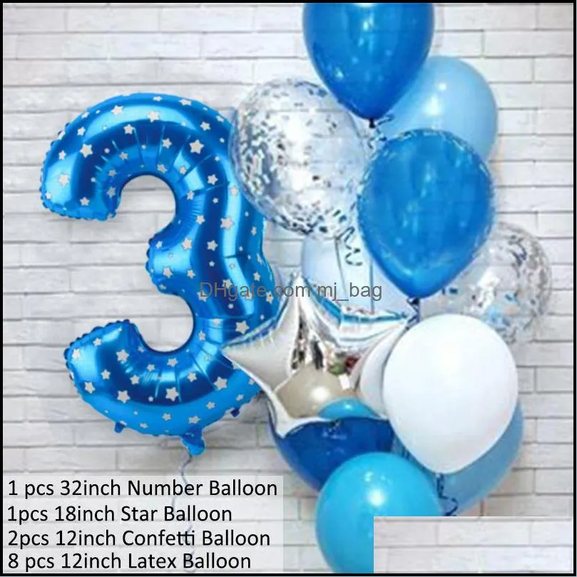 12pcs Blue Number Foil Latex Balloons Happy Birthday Kids My 1st 1 One Year First Boy Girl Supplies