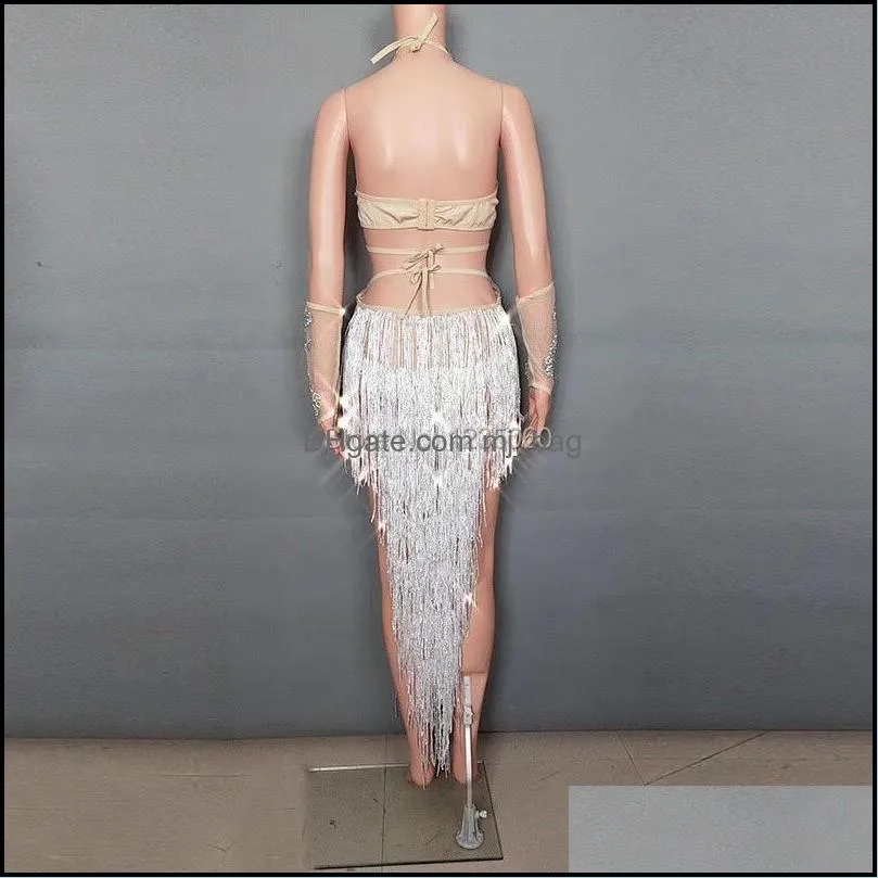 Sexy Lady White Rhinestone Tassel Evening Dress Bar Nightclub Singer DS Belly Dance Suit Stage Performance