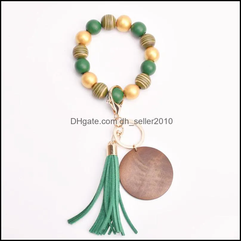 foreign trade beaded strands wood bead bracelet keychain blank disc tassel key ring pendant pure multicolor optional c3