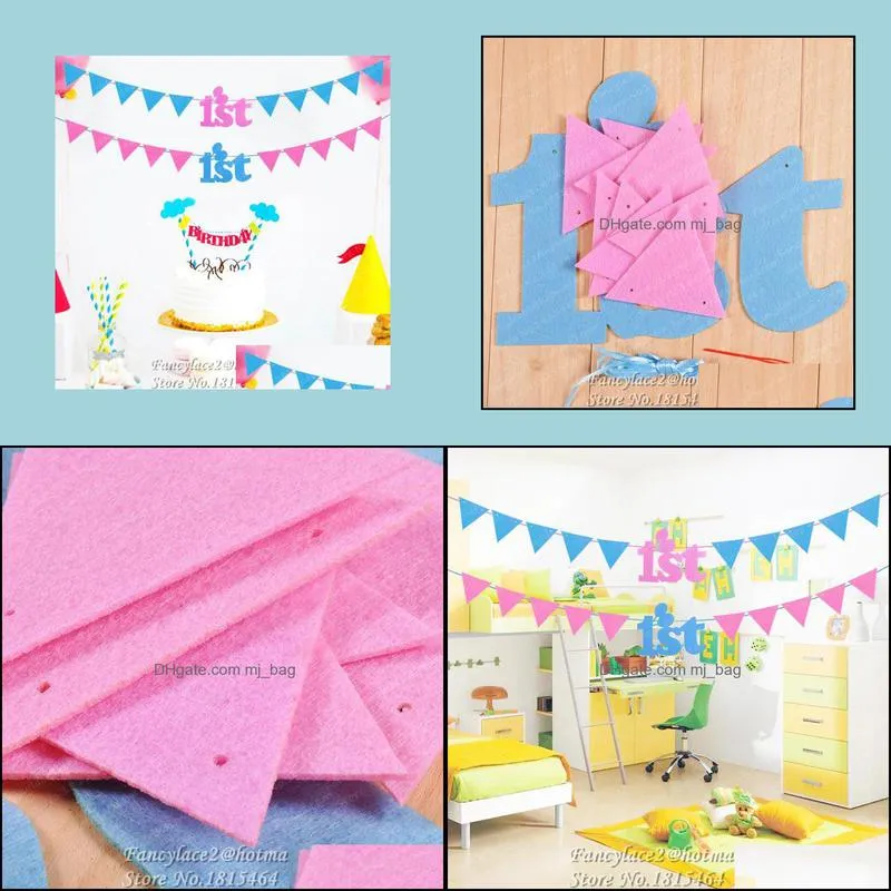 1set 1st Birthday Banner Non-woven Bunting Flags For Baby Shower Baptism Kids Room