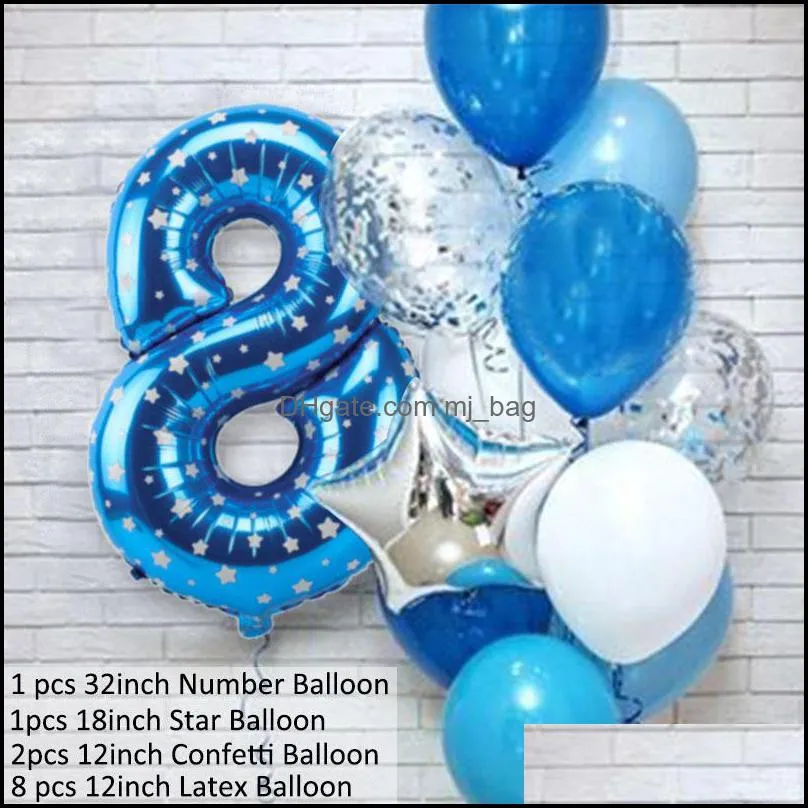 12pcs Blue Number Foil Latex Balloons Happy Birthday Kids My 1st 1 One Year First Boy Girl Supplies