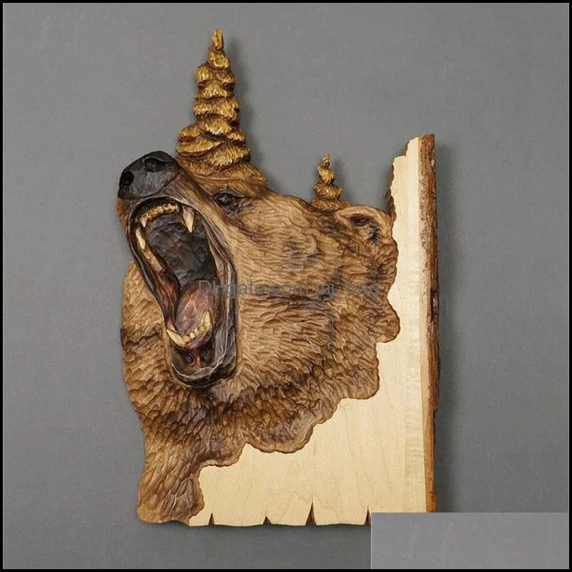 1pcs Wooden Art Wall Decor Pendant Hand Carved Stickers Animal Carving Stand Crafts Living Room