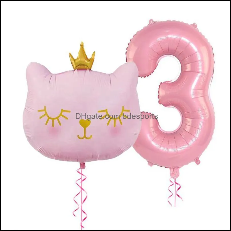 2pcs/set big cat head aluminum balloons 32inch pink 1 2 3 4 years birthday balloon baby shower globos