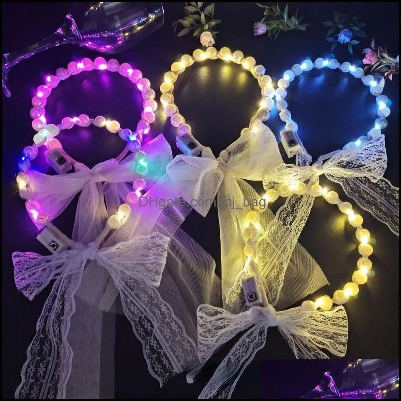 Children Adult Girls LED Light Up Glowing Veil Pearl Beads Headband Headwear Hair Band Holiday Clothing Costume