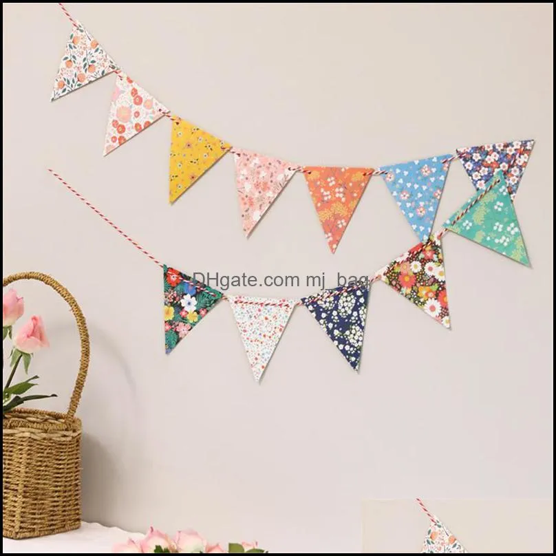 12pcs Vintage Flower Print Flags DIY Paper Bunting Birthday Wedding Festival Pennant String Banner Buntings