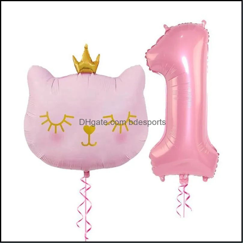 2pcs/set big cat head aluminum balloons 32inch pink 1 2 3 4 years birthday balloon baby shower globos