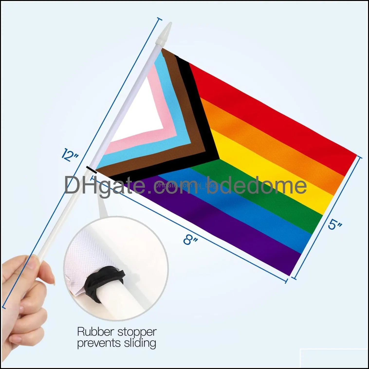 Banner Flags Anley Progress Rainbow Pride Mini Flag Hand Held Small Miniature Transgender On Stick Fade Resistant Vivid Colors 5x8 In