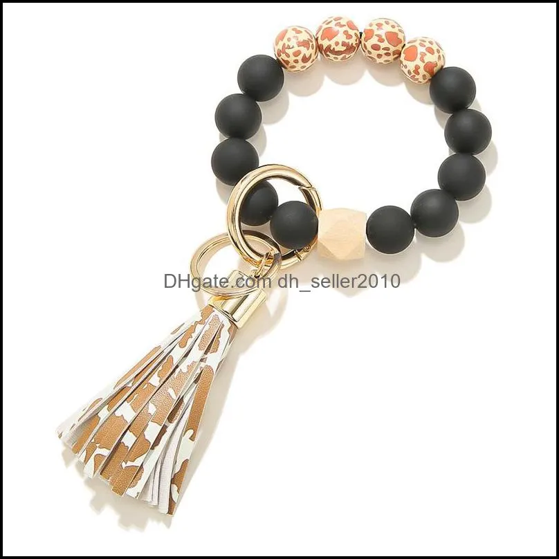 black frosted wooden bead bracelet keychain fashion pattern tassel pendant bracelets women girl keyring wrist strap c3