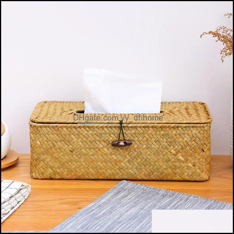 rattan box cover rectangular napkin case woven paper container home car holder office organizer