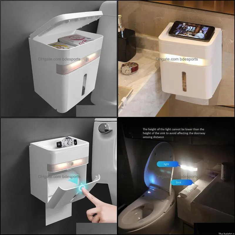 waterproof wall mounted toilet roll holders with led sensor lights bathroom paper box rack
