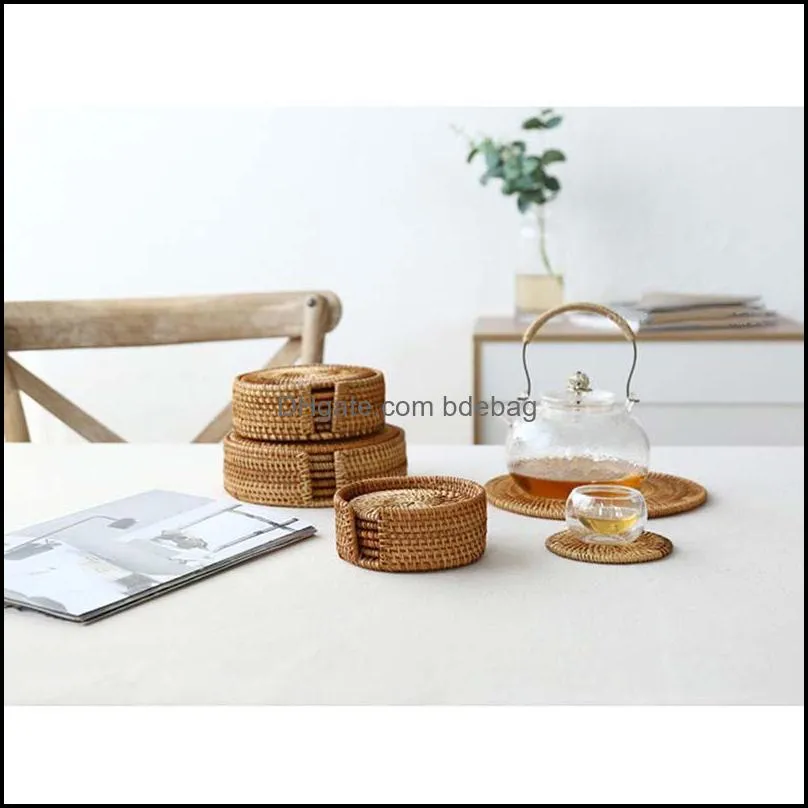 woven rattan coasters handmade cup mat drinks round edge plates dishes insulated for kitchen 1set 6pcs