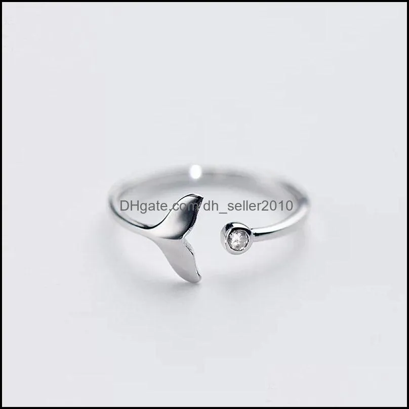 personality beautiful 925 sterling silver jewelry fishtail fish wave crystal opening rings
