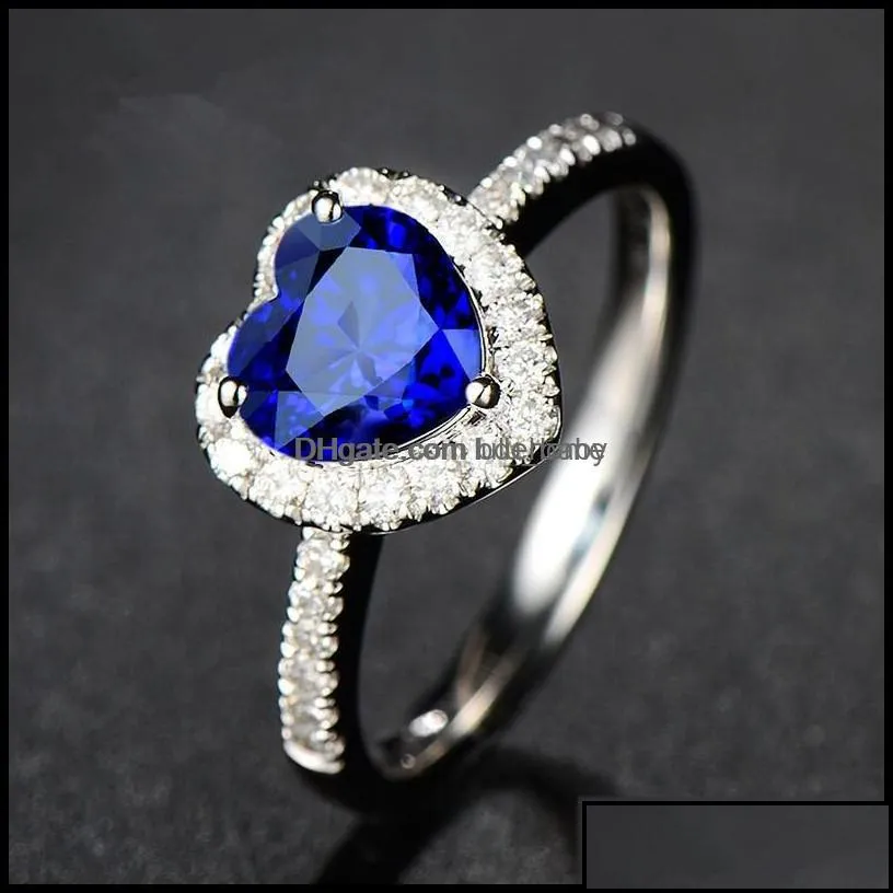 Band Rings Jewelry Blue Austrian Crystal Heart Love For Women Clear Rhinestone Romantic Wedding Party Wholesale Drop Delivery 2021